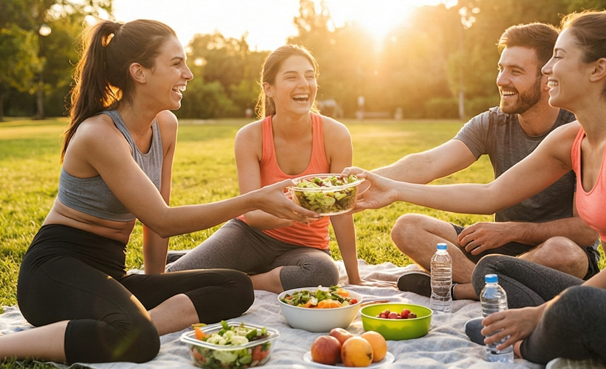 Amigos compartiendo comida al aire libre